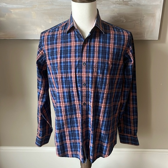 Bugatchi blue/orange plaid button-down shirt with contrasting cuffs - Picture 2 of 10